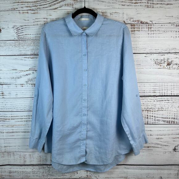 Chico's Tops - Womens Chicos No Iron 100% Linen Light Blue Button Up RollTab Sleeve Tunic Top L